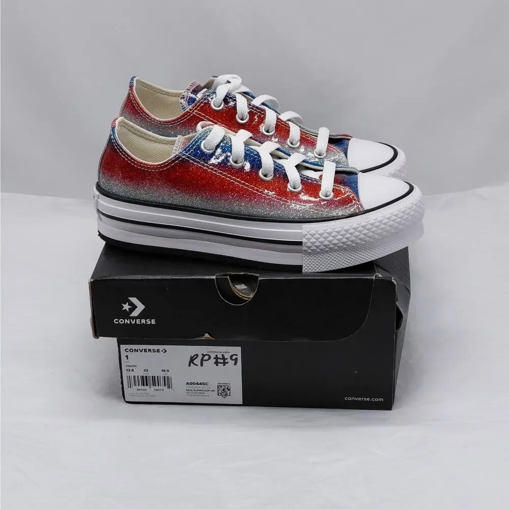 Converse All Star Girls Sneakers Size 1 Red Blue Glitter Low Top Back to School